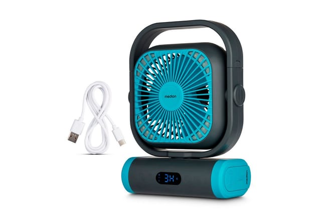 Medion® Akku-Ventilator MEDION LIFE Camping Ventilator E10 TF, 5 Stufen, 20 W, Neigbarer Kopf, Timer, Oszillation 110°, Haken zum