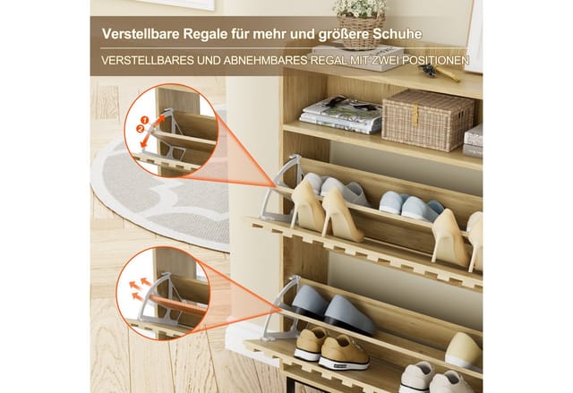 UEV Schuhschrank mit 2 Klappen Schuhregal Schukipper schmal platzsparend (Modern Schuhaufbewahrung mit Oberplatte Platzsparend, Anti-Kipp-Vorrichtung für Eingangsbereich Flur Diele) verstellbare Trennwand für verschiedene Schuhtypen