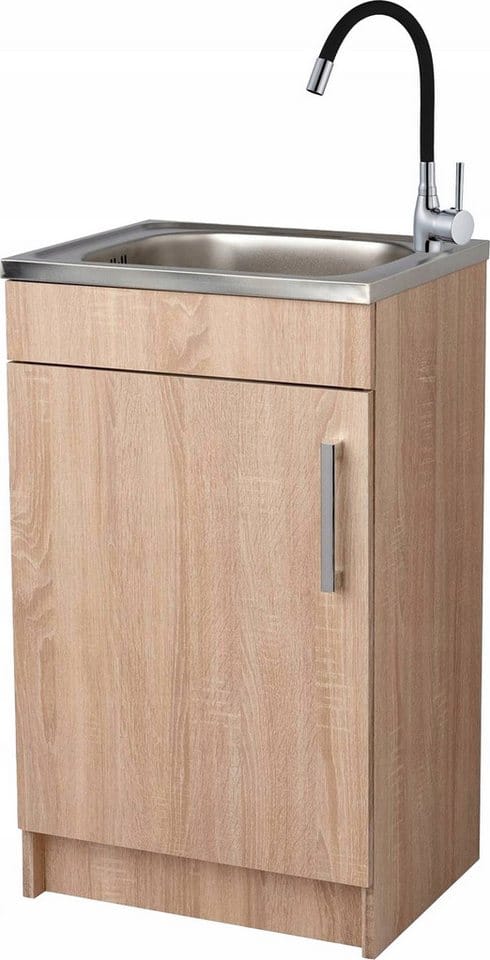 STAMAR Spülenschrank Küchenschrank 50cm Sonoma Spüle Edelstahl Armatur Schwarz Standschrank 40cm Siphon Geschirrspüler Elastisch Montagefertig