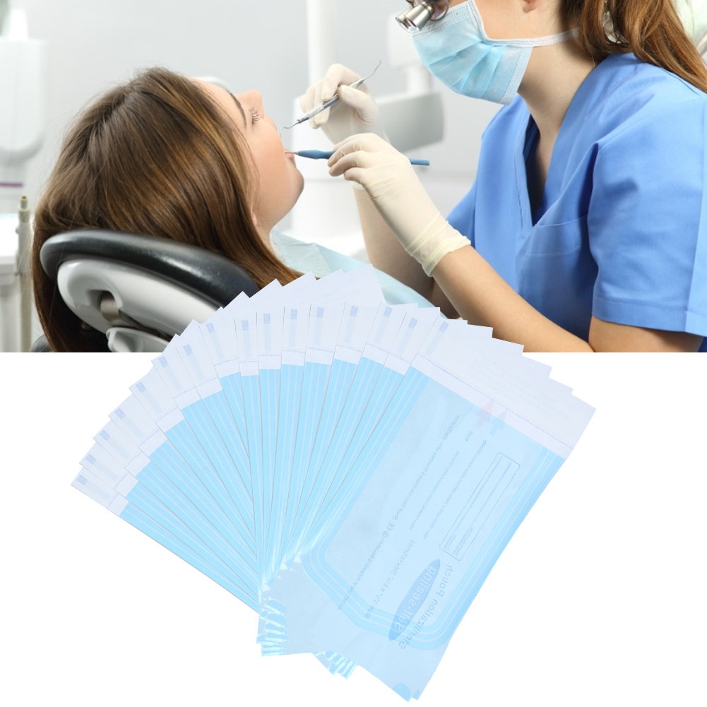 200 Selbstklebende Beutel Für Zahnärztliches Zubehör, Pvc-beutel, Transparente Folie, Blau, Zur Sterilisation (90 X 165 Mm)