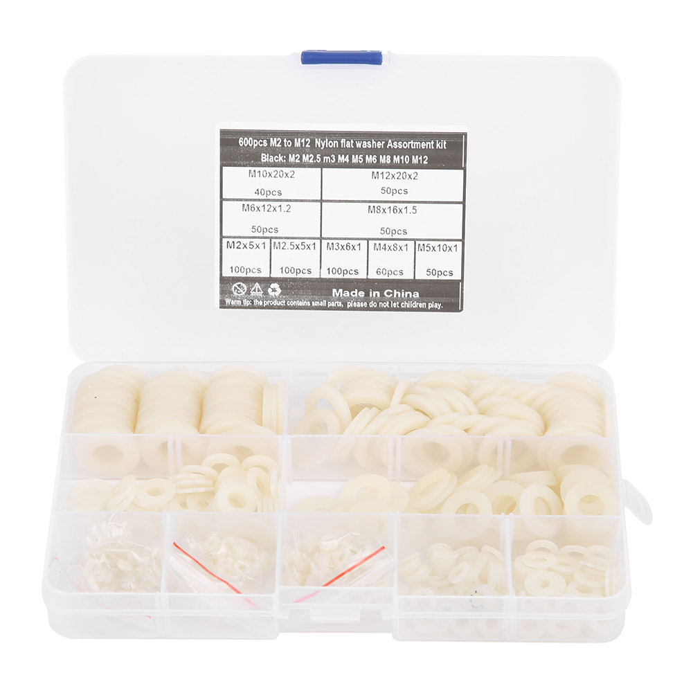 Set Mit 600 Weißen Nylon-unterlegscheiben In 9 Größen, Inklusive Befestigungselementen Und Werkzeugen (m2-m12).