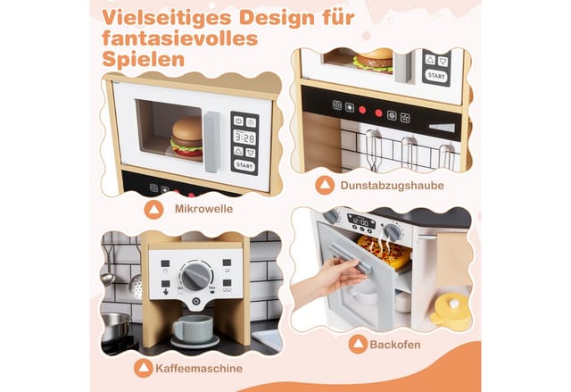 COSTWAY Spielküche MDF, Mit Dunstabzugshaube, Eismaschine, Mikrowelle & Ofen