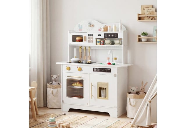 COSTWAY Spielküche Holz, Mit Stauraum, Backofen, Eismaschine & Herd