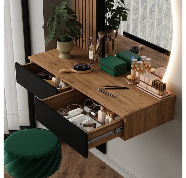 Vicco Schminktisch Melina, Eiche/Schwarz, 100 cm mit LED-Spiegel (1-St)