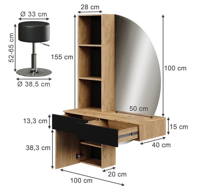 Vicco Schminktisch Melora, Eiche/Schwarz, 100 cm mit LED-Spiegel und Hocker (2-St)