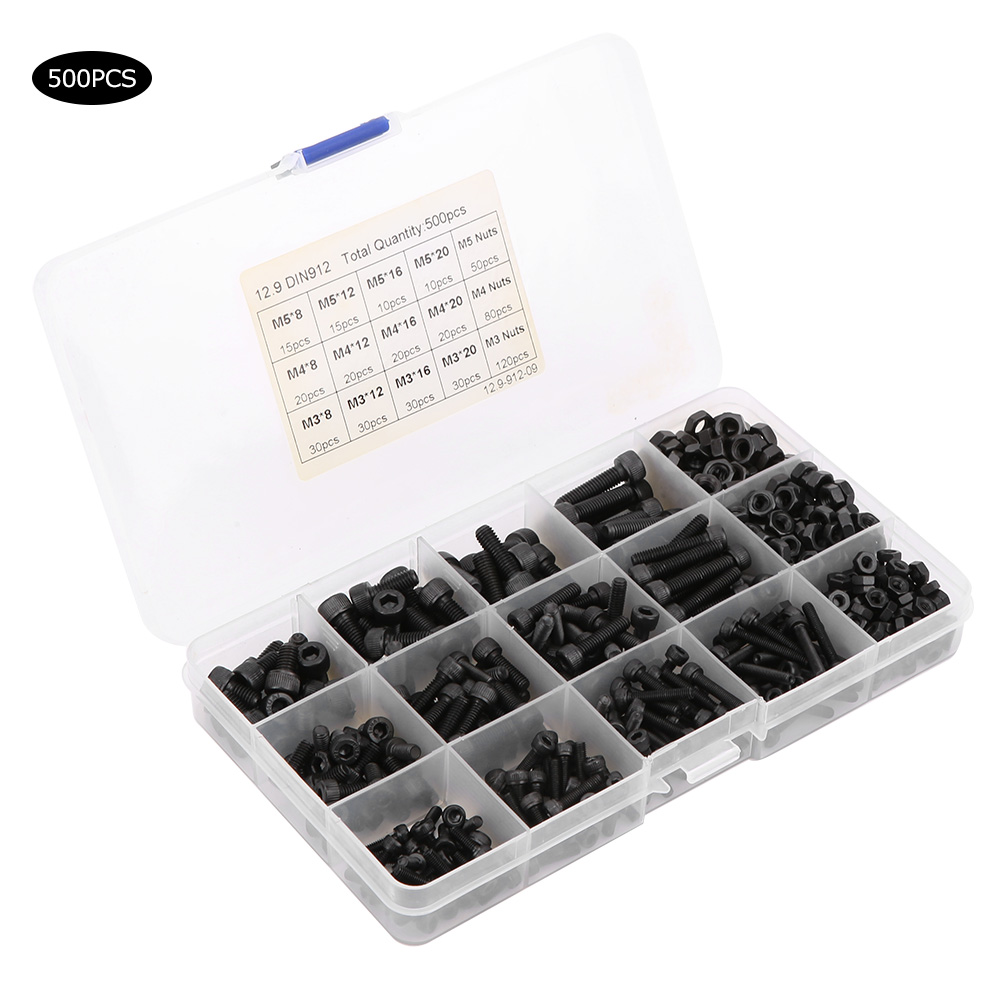 Set Mit 500 Schwarzen Innensechskantschrauben Mit Senkmuttern, Edelstahl, In Einer Schachtel, M3, M4, M5