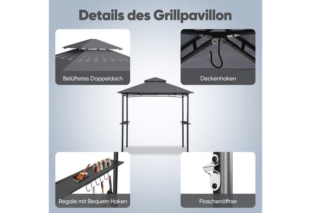 Sekey Grillpavillon 245 x 150 cm BBQ Pavillion Grillzelt Gartenzelt Winterfest Wasserdicht, Doppelschichtdach, Ablage mit Haken, UV-Schutz 50+