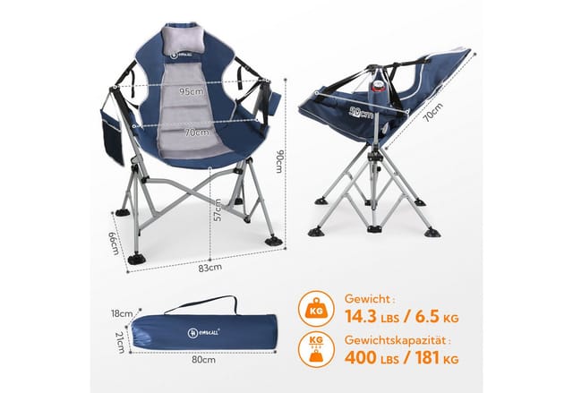 HOMECALL Campingstuhl Stühleschaukelstuhl outdoor Klappstuhl Faltbare Hängestuhl (Biz 180 KG, mit verstellbarer Rückenlehne, Lordosenstütze und Kopfstütze)