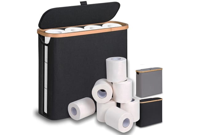 SURFOU Toiletten-Ersatzrollenhalter 28 L Toilettenpapier Aufbewahrungskorb mit Bambusdeckel (Schmaler Badezimmer Organizer für 9–12 Rollen Klopapier – faltbarer Aufbewahrungskorb mit Bambusrahmen, 1-St., Oxford-Gewebe und Deckel, ideal für kleine Räume)
