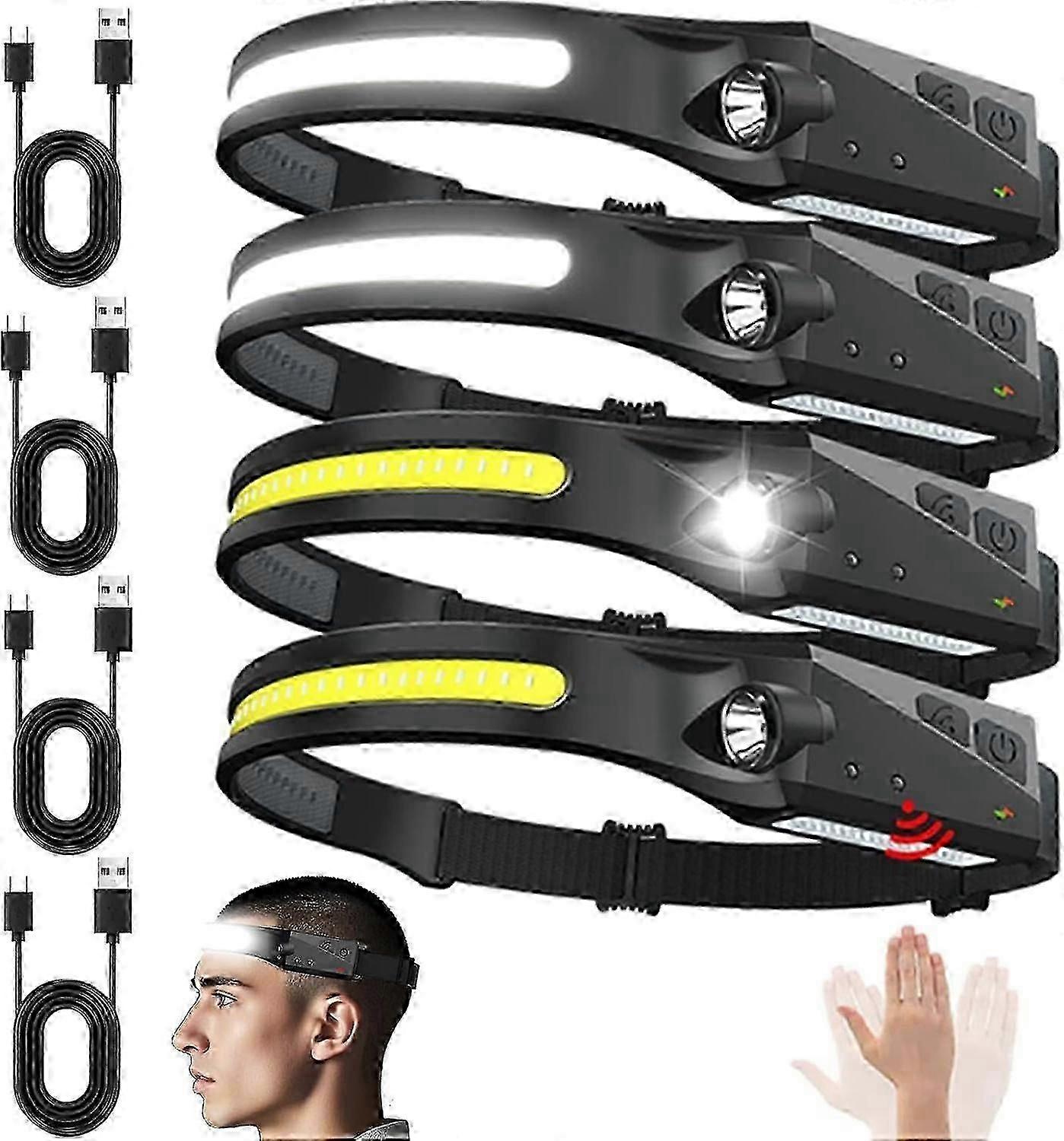 Set Mit 4 Wiederaufladbaren Stirnlampen, Breiter Lichtkegel 230w, Bewegungssensor, Usb-c, Wasserdicht.