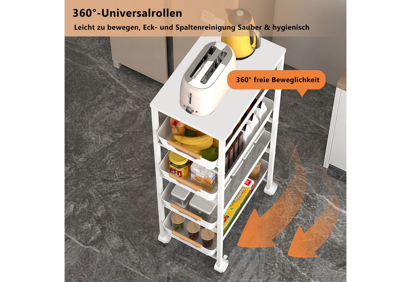 PFCTART Küchenwagen Schmaler Küchenwagen mit Schubladen & Körben, 38×32×81,5 cm, (Set, 1 St., Ideal für Küche, Bad, Waschküche & kleine Räume), Rollwagen mit Holzplatte & Drahtkörben – kompakt, mobil & stabil