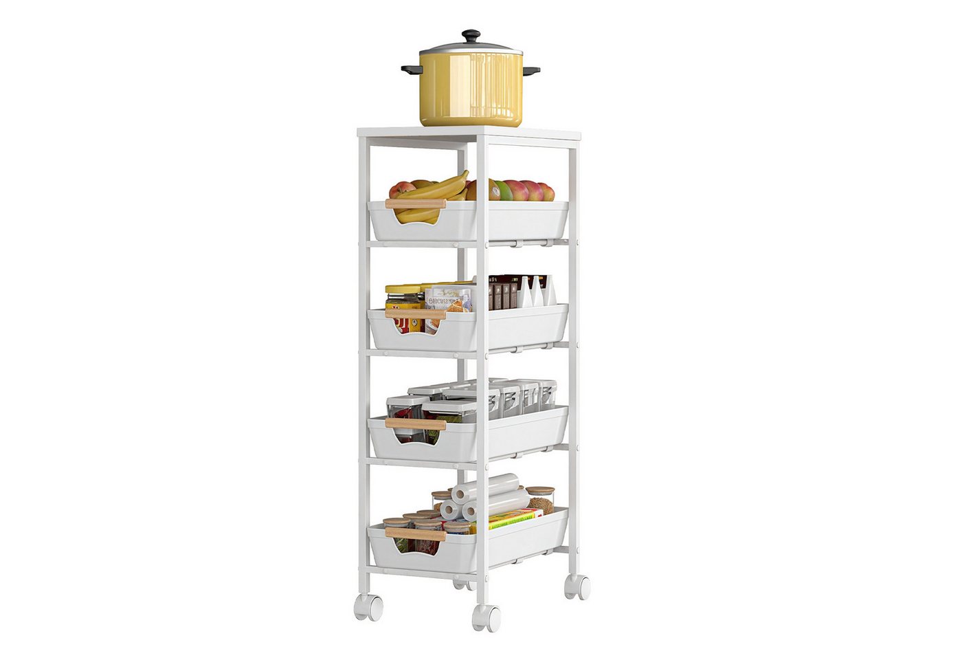 PFCTART Küchenwagen Schmaler Küchenwagen mit Schubladen & Körben, 38×32×81,5 cm, (Set, 1 St., Ideal für Küche, Bad, Waschküche & kleine Räume), Rollwagen mit Holzplatte & Drahtkörben – kompakt, mobil & stabil Bild 2