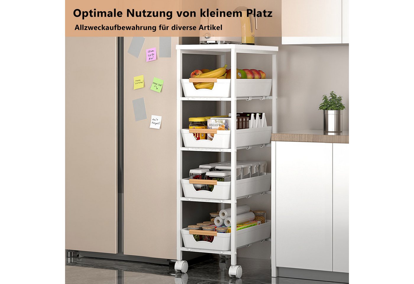 PFCTART Küchenwagen Schmaler Küchenwagen mit Schubladen & Körben, 38×32×81,5 cm, (Set, 1 St., Ideal für Küche, Bad, Waschküche & kleine Räume), Rollwagen mit Holzplatte & Drahtkörben – kompakt, mobil & stabil Bild 4