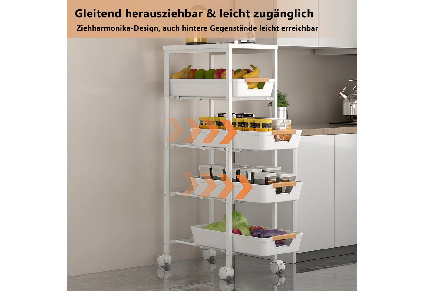 PFCTART Küchenwagen Schmaler Küchenwagen mit Schubladen & Körben, 38×32×81,5 cm, (Set, 1 St., Ideal für Küche, Bad, Waschküche & kleine Räume), Rollwagen mit Holzplatte & Drahtkörben – kompakt, mobil & stabil Bild 5