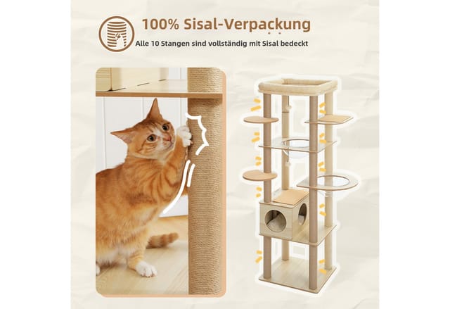 PETEPELA Kratzbaum Kratzbaum für große Katzen 181 cm Holz Katzenbaum mit großer Höhle, mit große Hängematte und mehr Kratzsäule, Beige
