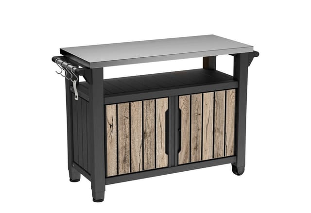 Keter Grillablagetisch UNITY XL in Holzoptik Pinie, aus Kunststoff mit Edelstahlplatte (mit Küchenrollenhalterung, Aufhängungen), abschließbar, UV- und witterungsbeständig