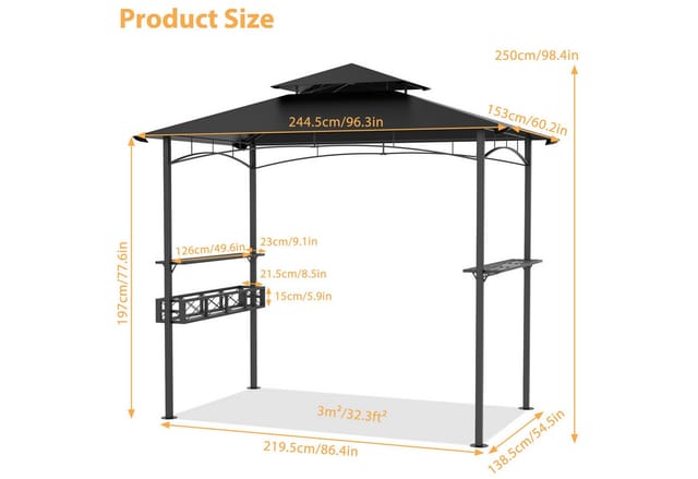 FIVMEN Grillpavillon 2,45 x 1,53 m, Schwarz, mit Doppeldach & Ablagen