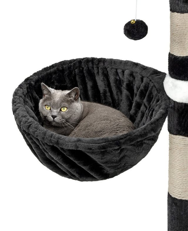 lionto Kratzbaum-Liegemulde 40 cm Durchmesser, 25 cm Tiefe, schwarz, Plüsch, Hängematte mit stabilem Metallrahmen & Kuschelbezug