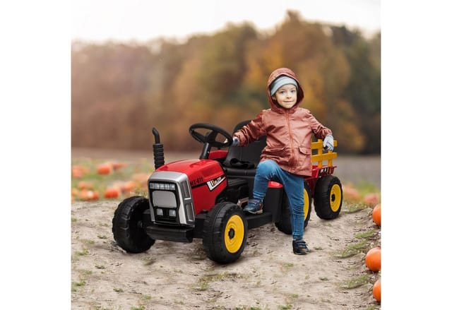 HOMCOM Elektro-Kinderauto Elektrischer Traktor, mit Anhänger, mit Fernbedienung, Belastbarkeit 30 kg, (2-tlg), für 3-6 Jahre Kinder, Rot