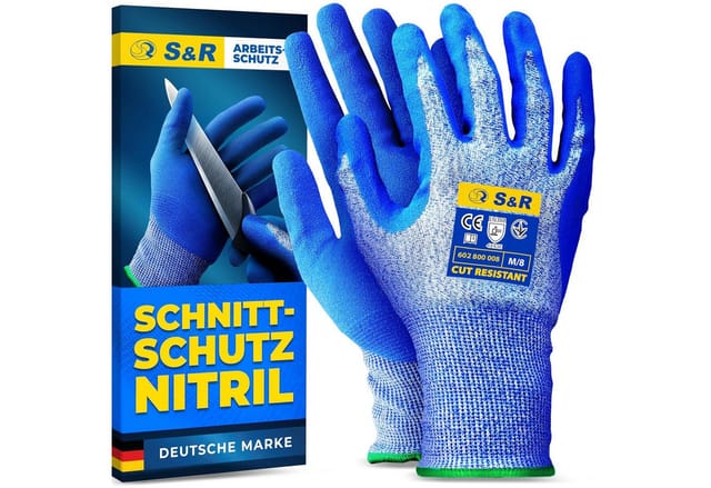 S&R Schnittschutzhandschuhe Schnittfeste Schutzhandschuhe 1 Paar mit Nitrilbeschichtung in L / 9 (2-St) Anti-Rutsch Arbeitshandschuhe für Montage, Bauen, Restauration