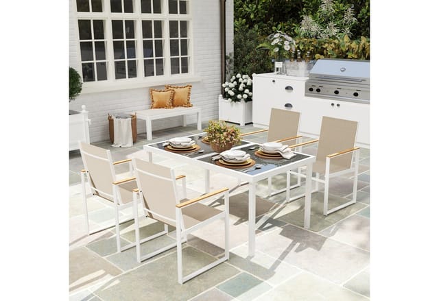Outsunny Garten-Essgruppe für 4 Personen, abnehmbar Esstisch mit 4 Stühle, (Sitzgruppe, 5-tlg., Esszimmergruppe), mit Stahlgestell, für Terrasse, Balkon, Mehrfarbig