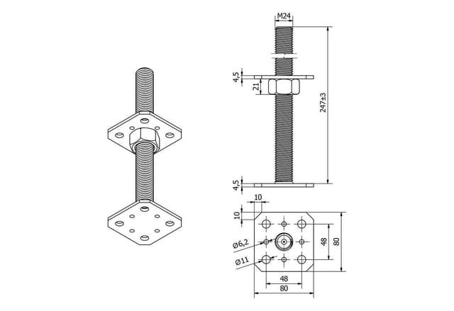 SO-TECH® Pfostenträger Stützträger höhenverstellbar Gewinde M24 Stahl feuerverzinkt, (6-St), zum Aufschrauben, wetterfest, 80 x 80 x 250 mm