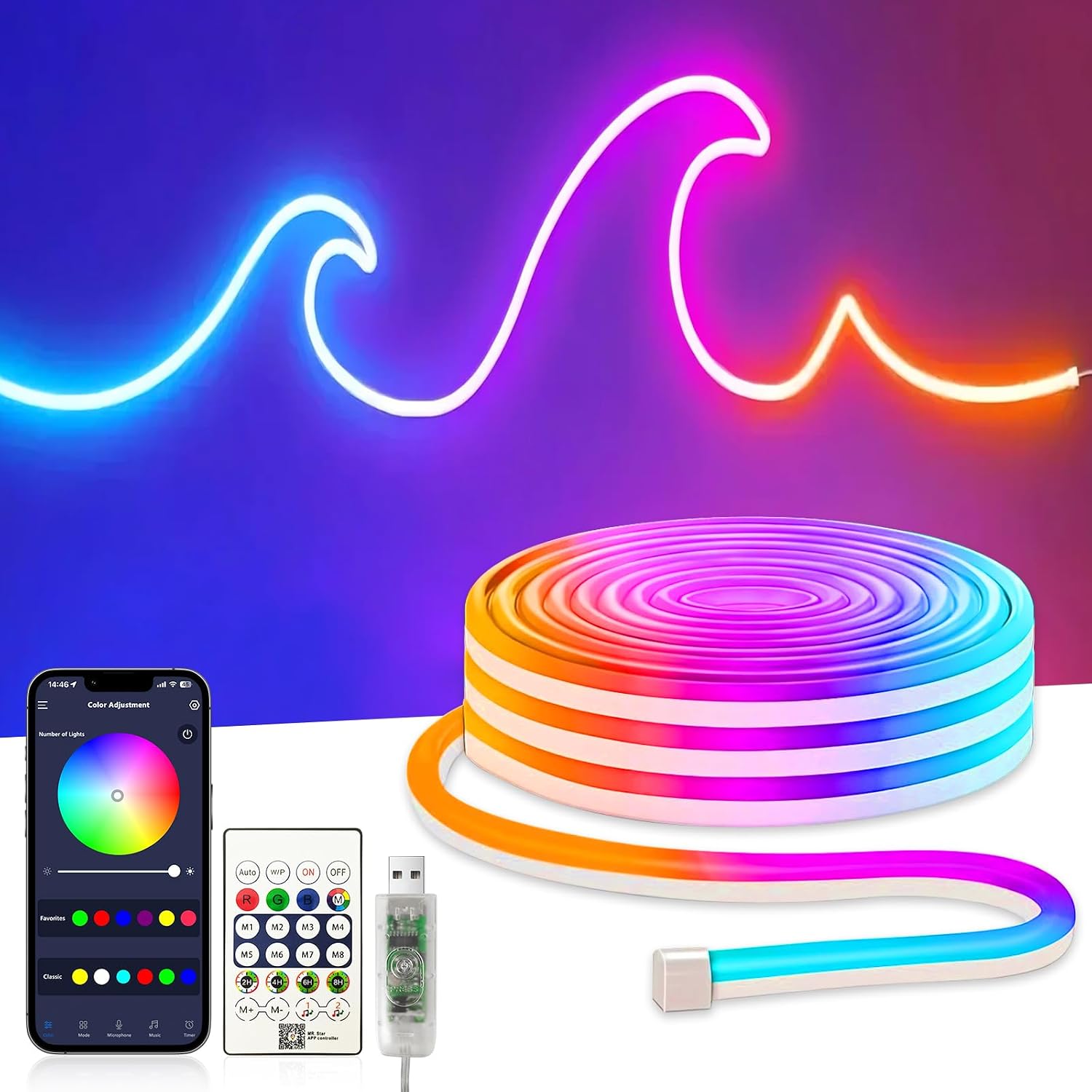 Neon Rubans Led 2m,contrôle Intelligent Par App, Flexible Étanche Découpable, Synchronisation Musique, Lmières Led Diy Pour Chambre, Cuisine, Fête, Salon