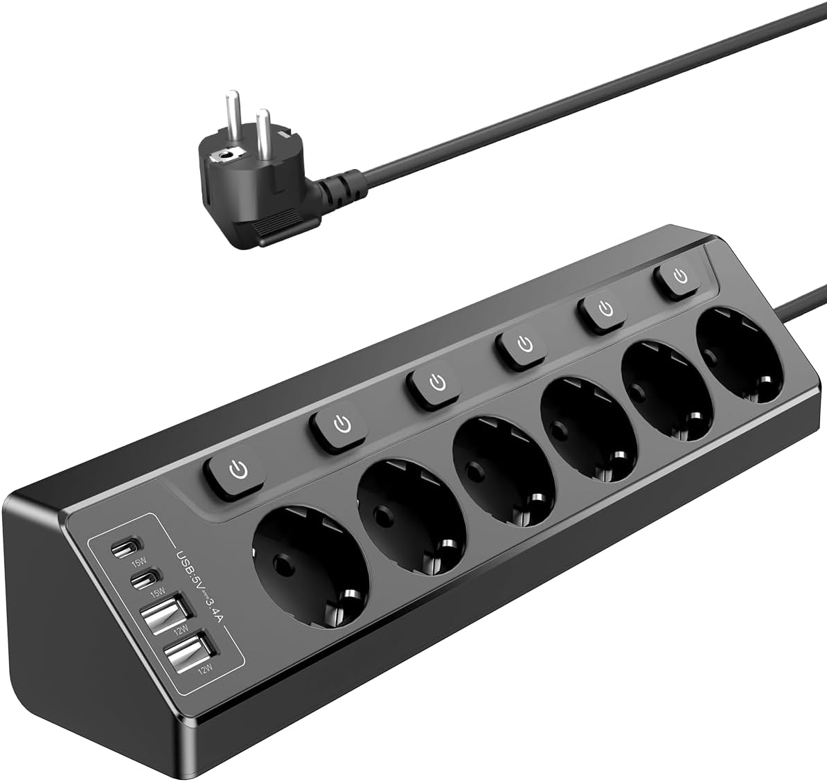 Prise Plan De Travail Cuisine, Multiprises Avec 2 Ports Usb A Et 2 Ports Usb C, Multiprise 6 Prises Avec Interrupteur, Rallonge Électrique 2m Pour Meuble, Canapé, Bureau, Table