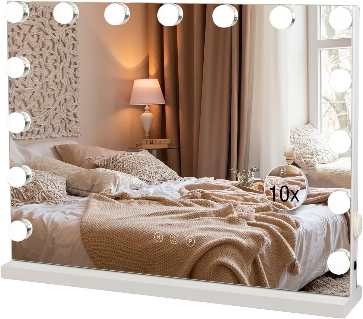 Miroir Maquillage Hollywood Lumineux, Miroir Coiffeuse Led 15 Lumières Dimmables 58x45cm, Contrôle Tactile 2 Couleurs Montage Mural Blanc