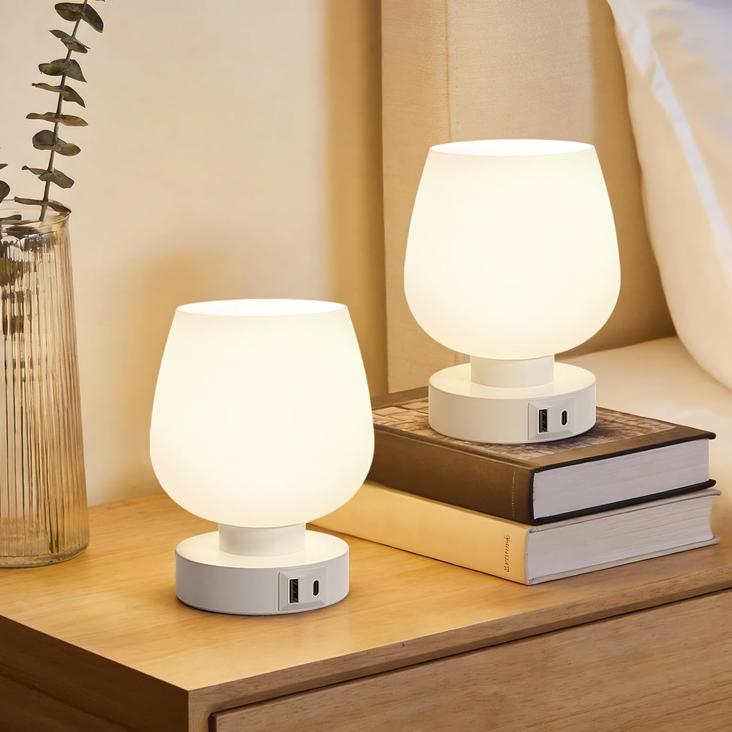 Lampe De Chevet Tactile Lot De 2 Avec Ports De Charge Usb-a+c, Intensité Variable 3 Voies, Abat-jour En Verre Blanc, Petite Lampe De Table À Cordon Pour Chambre Salon D'Enfant