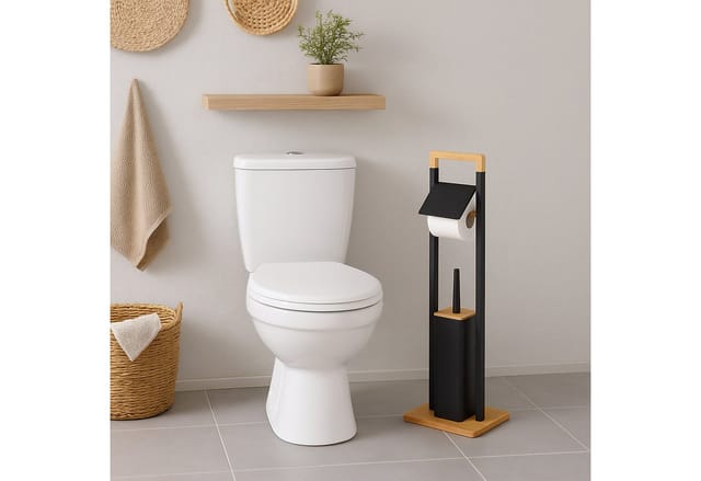 relaxdays WC-Garnitur Edelstahl & Bambus, schwarz