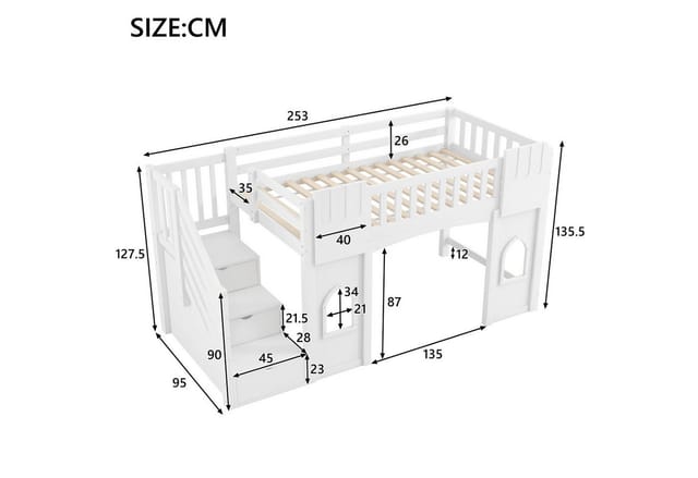 Flieks Etagenbett, Hochbett Fenster-Design 90x200cm mit Rausfallschutz und Stauraumtreppe