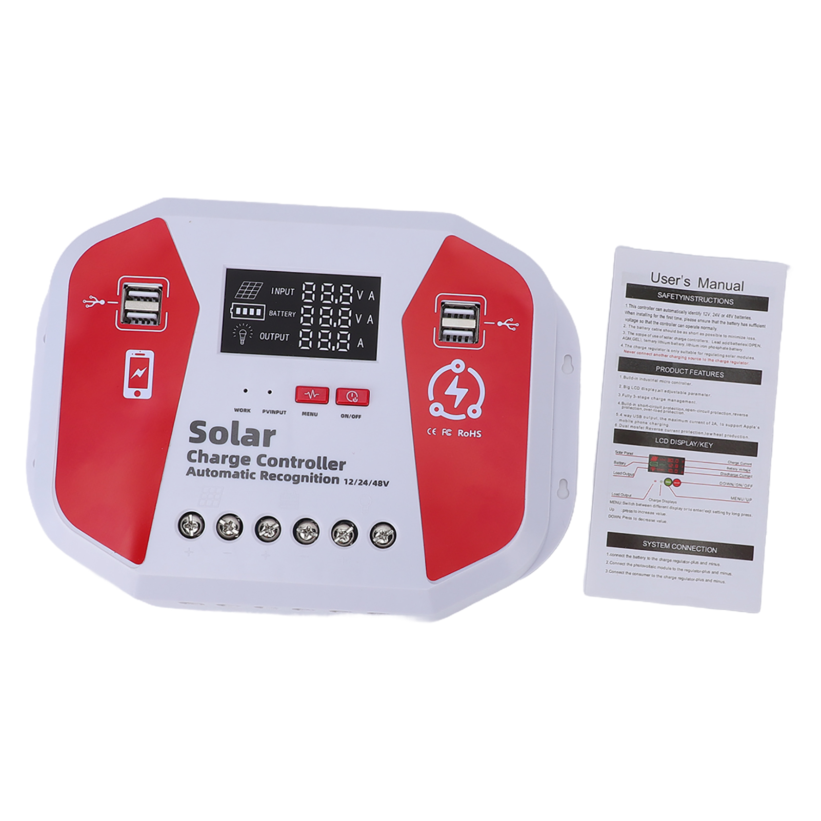 Contrôleur De Panneau Solaire Avec Charge Pwm 60 A, Détection Automatique Des Batteries 12 V, 24 V, 36 V Et 48 V, Ports Usb, Charge En 3 Étapes, Écran Lcd, Protection Contre Les Surcharges. Conception