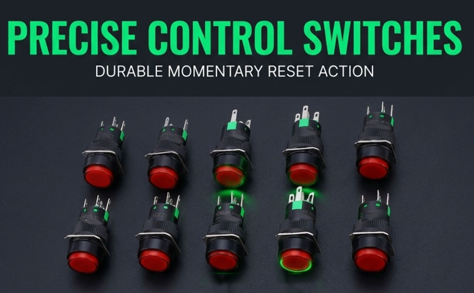 10 Interrupteurs À Bouton-poussoir Ronds À 5 Broches De 16 Mm, Lumineux, Verts, Avec Commande De Réinitialisation Et Indicateur Led.