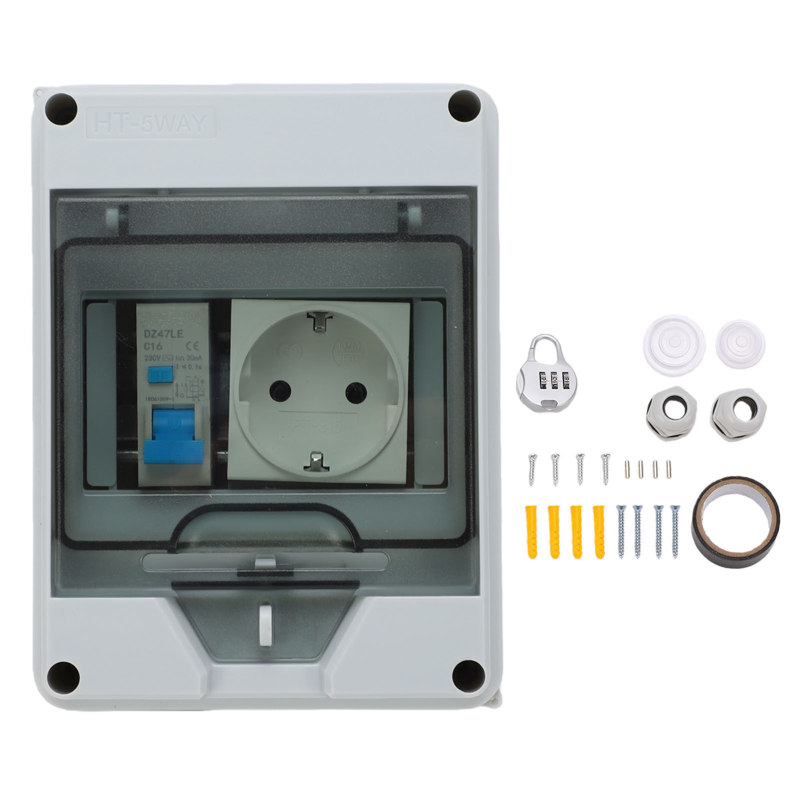 Boîte De Distribution Électrique Murale En Saillie Avec Disjoncteur 16a 1p+n Et Prise Étanche Ip65 Pour Une Utilisation En Extérieur.