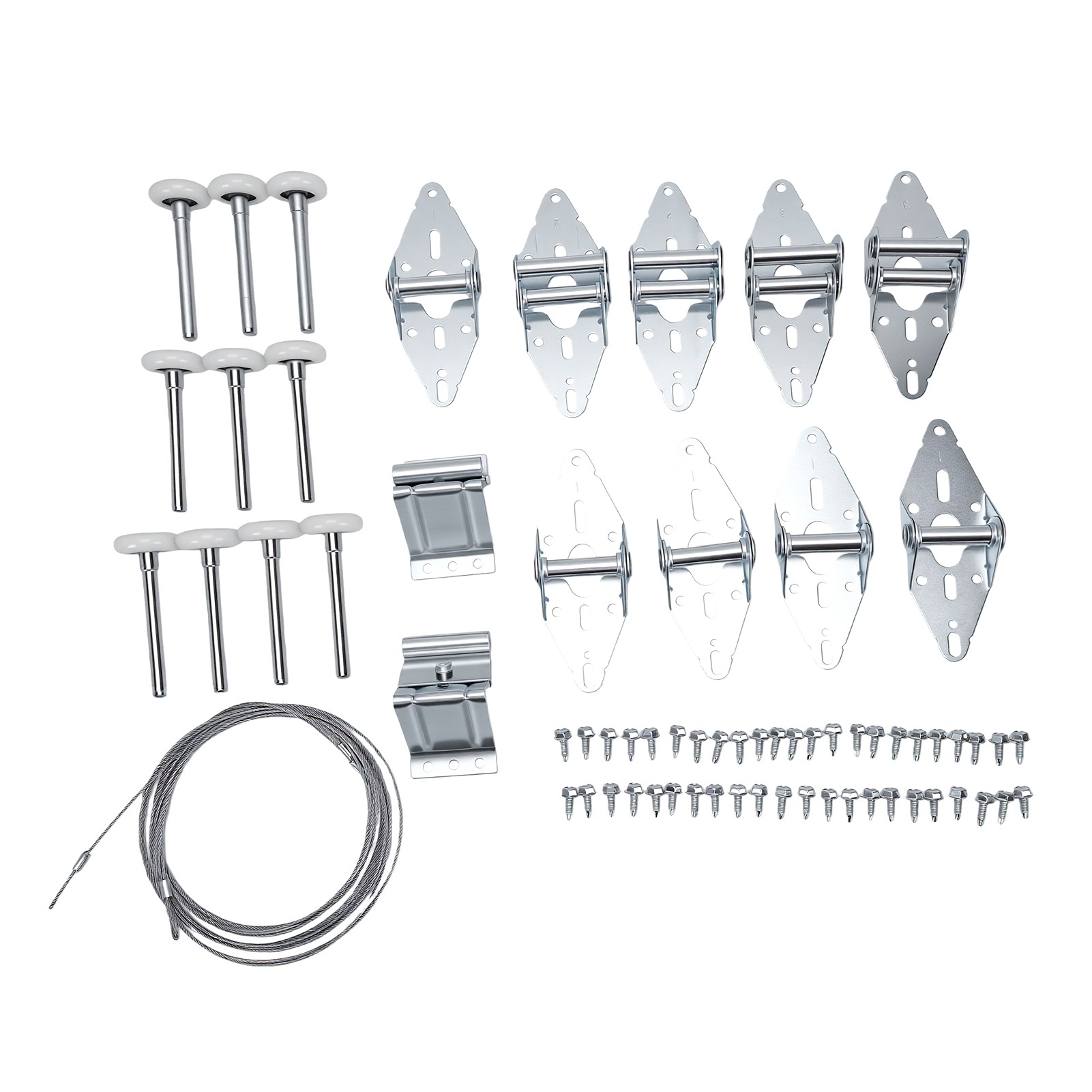 Kit De Quincaillerie Pour Porte De Garage : 10 Roulettes En Nylon Blanc (5 Cm) Et 9 Charnières Avec Supports, Vis Et Câble En Acier Pour Rail.