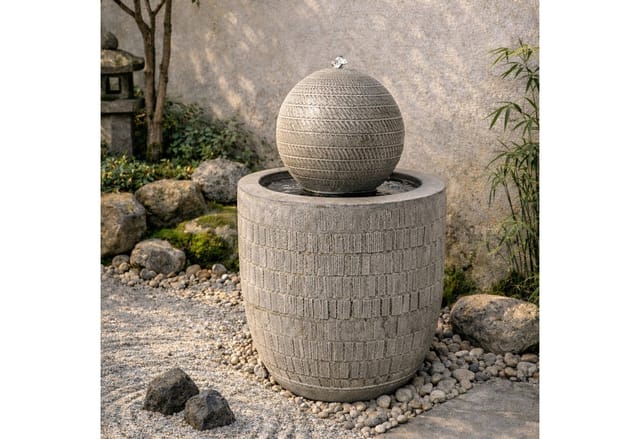 Köhko Gartenbrunnen Kugelbrunnen mit LED Moderner Brunnen mit strukturierter Oberfläche