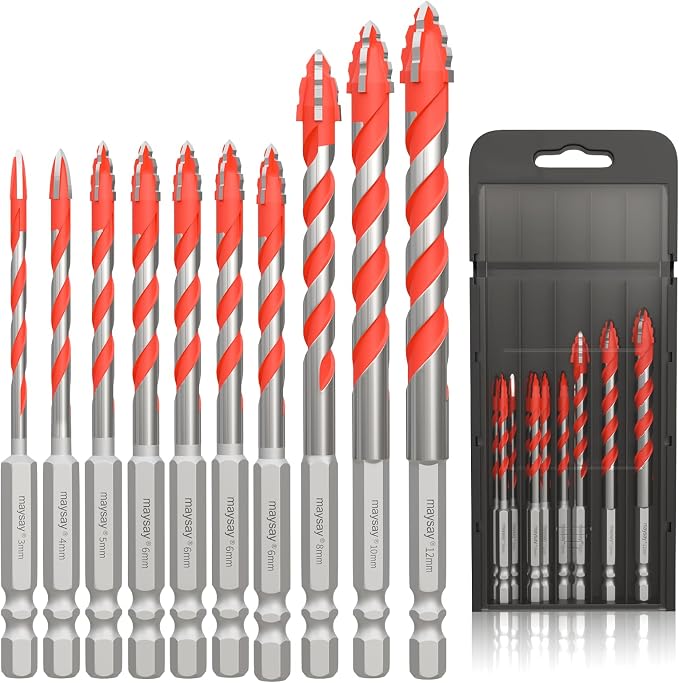 Maysay 10-teiliges Fliesenbohrer-set – Durchmesser: 3, 4, 5, 6, 6, 6, 6, 6, 8, 10, 12 Mm – Für Porzellan, Keramik, Fliesen, Beton, Ziegelwände Und Glas
