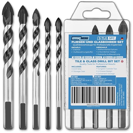 Set Mit 5 Fliesenbohrern – 6/6/8/10/12 Mm – Hartmetallspitze Mit U-förmiger Nut Für Keramik, Beton, Glas, Porzellan Und Mauerwerk