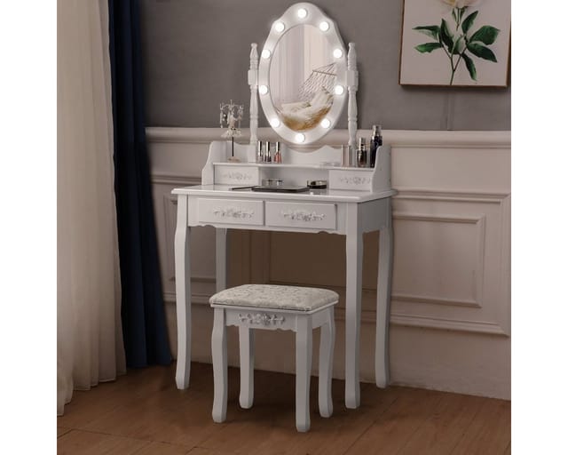 COSTWAY Schminktisch mit drehbarem Spiegel, Beleuchtung (mit Hocker), 4 Schubladen