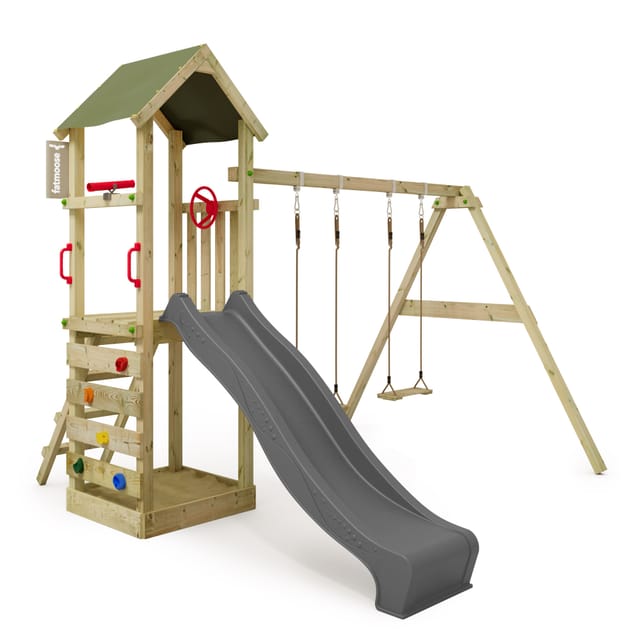 FATMOOSE Spielturm KiwiKey - Abenteuerlicher Kletterturm mit Doppelschaukel, 10-jährige Garantie*, Integrierter Sandkasten