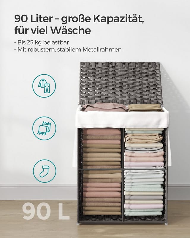 SONGMICS Wäschekorb Wäschebox aus synthetischem Rattan, herausnehmbarer Wäschesack, 90 Liter, handgeflochten, mit Deckel und Griffen, faltbar, 46x33x60 cm