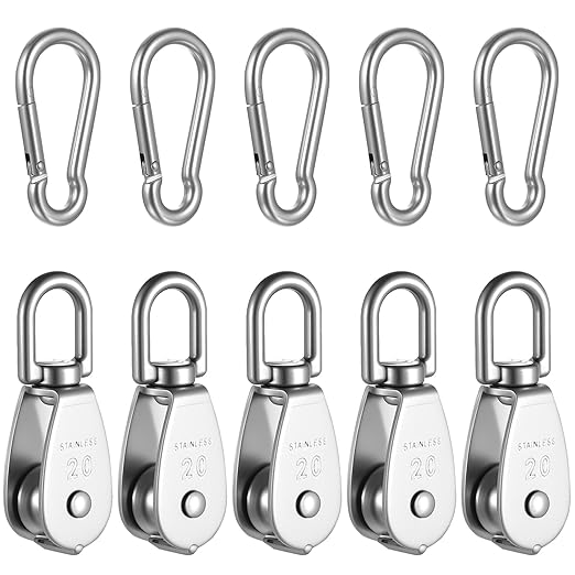 5 Stück M20-einzelrolle, Seilrollen, 360° Drehbare Einzelrolle Aus Edelstahl 304 Mit 5 M6-federhaken, Seilrollen Zum Heben, Tragfähigkeit Bis Zu 75 Kg