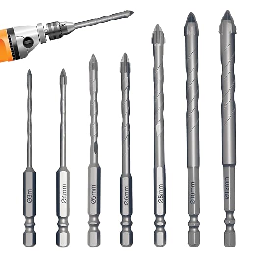Set Mit 7 Vierschneidigen Sägezahn-exzenterbohrern, Hartmetall-fliesenbohrer, Schräger Exzenterbohrer Für Glas, Keramik, Holz Und Metall (3/4/5/6/8/10/12 Mm)