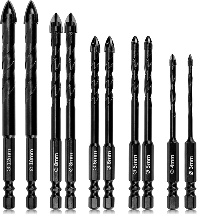 Set Mit 10 Fliesenbohrern – 3 Mm, 4 Mm, 5 Mm, 6 Mm, 8 Mm, 10 Mm, 12 Mm – Set Mit 10 Bohrern Für Glas, Stein, Diamant, Fliesen Und Glas