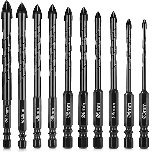 Fliesenbohrer-set, 10-teilig, Hartmetall-spiralbohrer, Glasbohrer, Fliesenbohrer Mit Sechskantschaft, Für Keramikfliesen, Beton, Glas, Kunststoff, Holz, 3–12 Mm