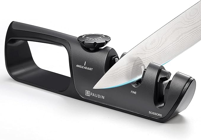 Paudin Professioneller 3-stufiger Messerschärfer, Winkelverstellbarer Messerschärfer, Multifunktionaler Manueller Messerschärfer, Küchenmesserzubehör