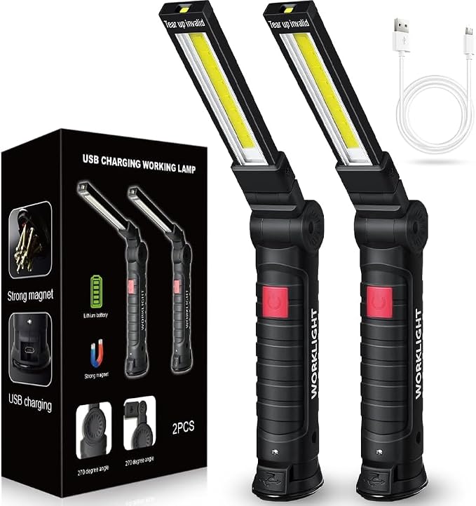Set Mit 2 Wiederaufladbaren Led-arbeitsleuchten, Geschenk Für Männer, Ehemänner, Mechaniker, Faltbare Inspektionsleuchte Mit Magnetfuß, 5 Modi, 360°-drehung Für Notfallreparaturen Am Auto