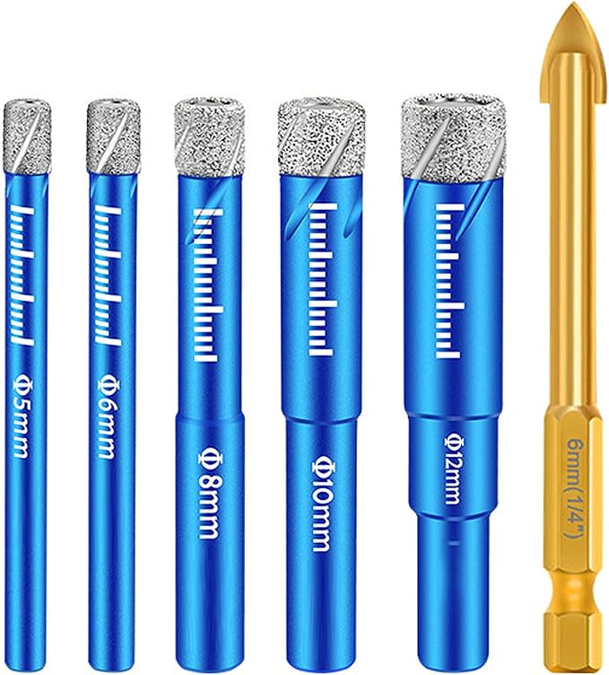 Set Mit 6 Bohrern Für Porzellan- Und Glasfliesen [5, 6, 8, 10, 12 Mm] Mit Einem 6-mm-hartmetallbohrer Für Keramik-, Marmor- Und Granitfliesen
