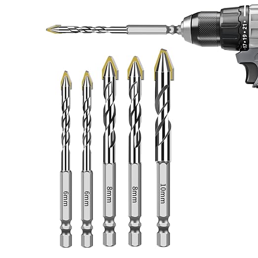 5-teiliges Bohrer-set Für Beton, Fliesen, Glas Und Mauerwerk (6, 8, 10 Mm) Mit Sechskantschaft Für Fliesen, Glas, Hartfliesen, Beton, Metallziegel, Keramik Und Hartplastik